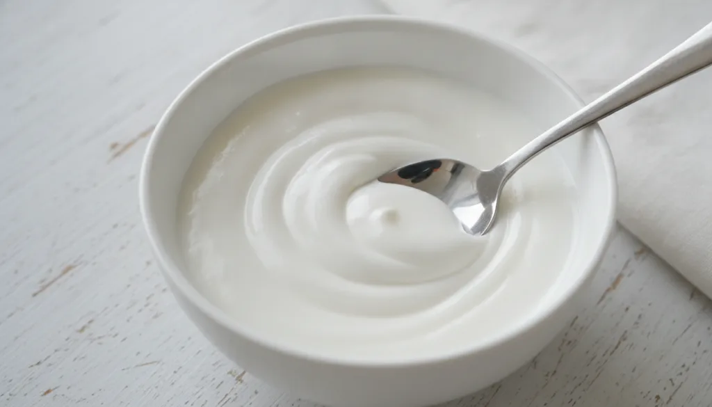 A close-up shot of a small bowl with a creamy white paste being mixed with a small spatula or spoon demonstrating the te
