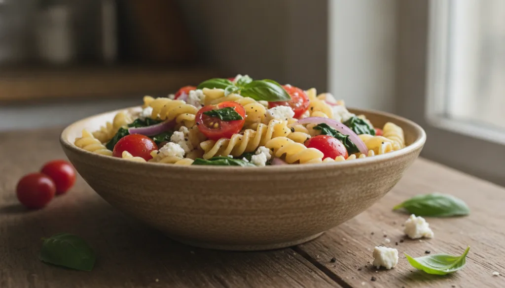 A vibrant bowl of chickpea pasta with colorful vegetables and a light sauce