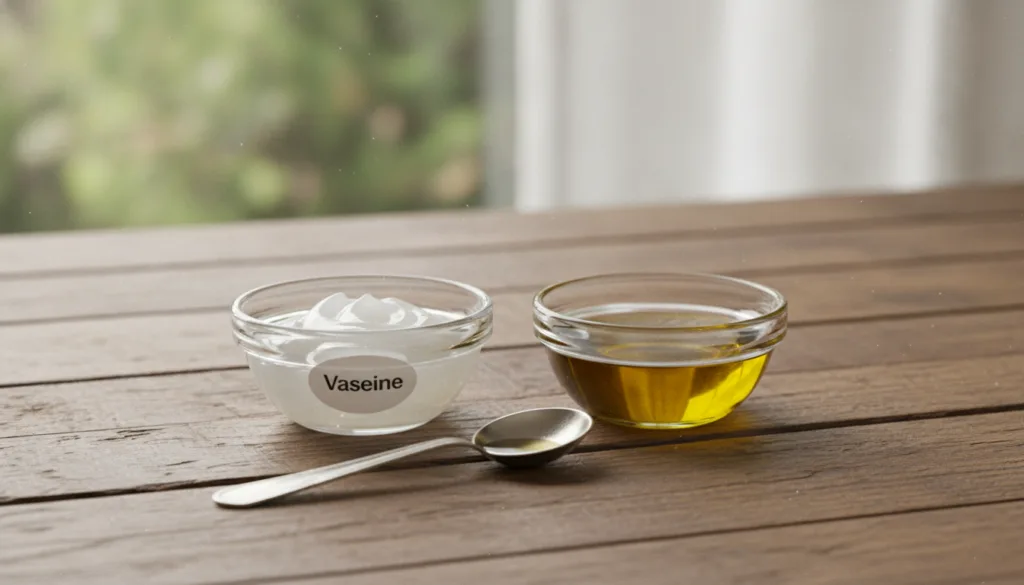 Small bowls of Vaseline and olive oil with measuring spoons ready to be mixed for a DIY beauty recipe