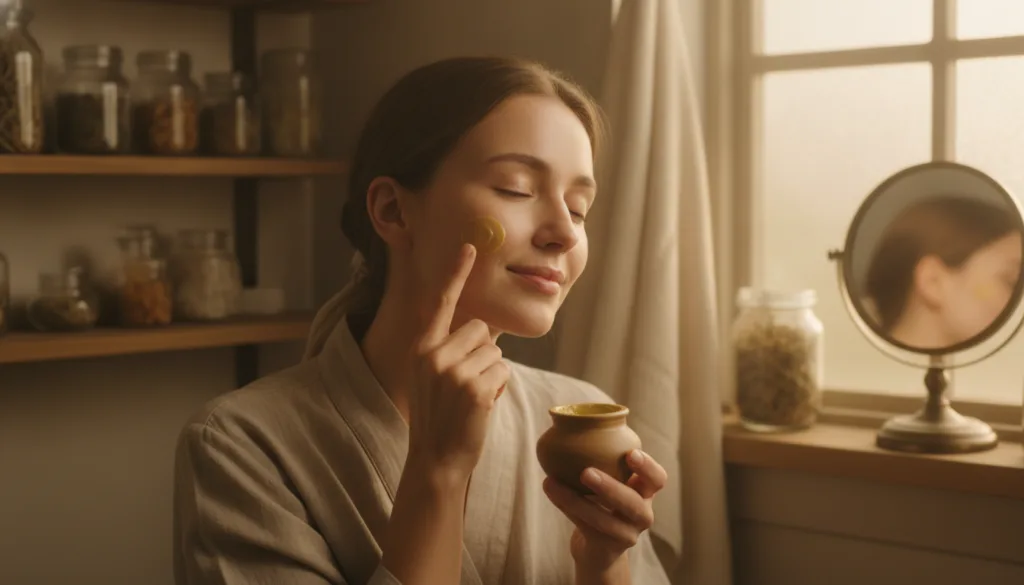 A woman gently applying a homemade balm to her face at night showing soft glowing skin
