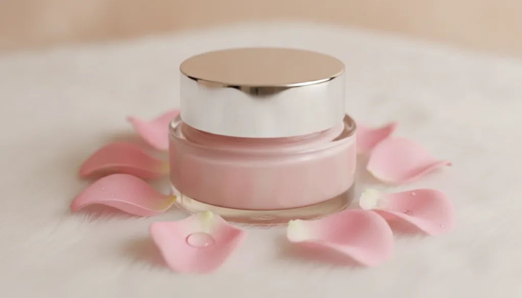 A small airtight glass jar filled with a light pink smooth night gel with a few rose petals scattered around and a soft 