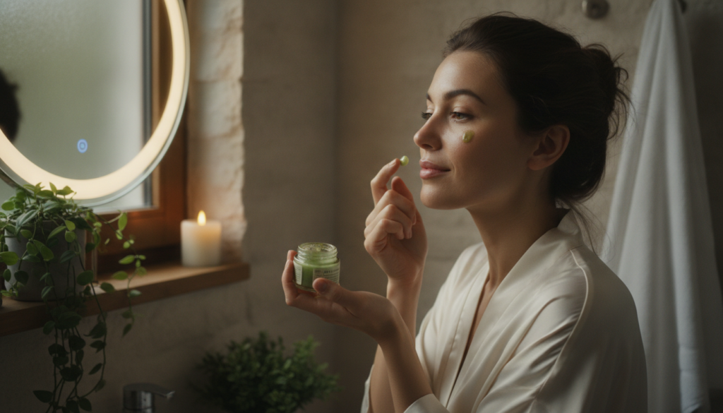 A woman gently applying a small amount of green balm to her face at night looking in a mirror in a cozy bathroom setting
