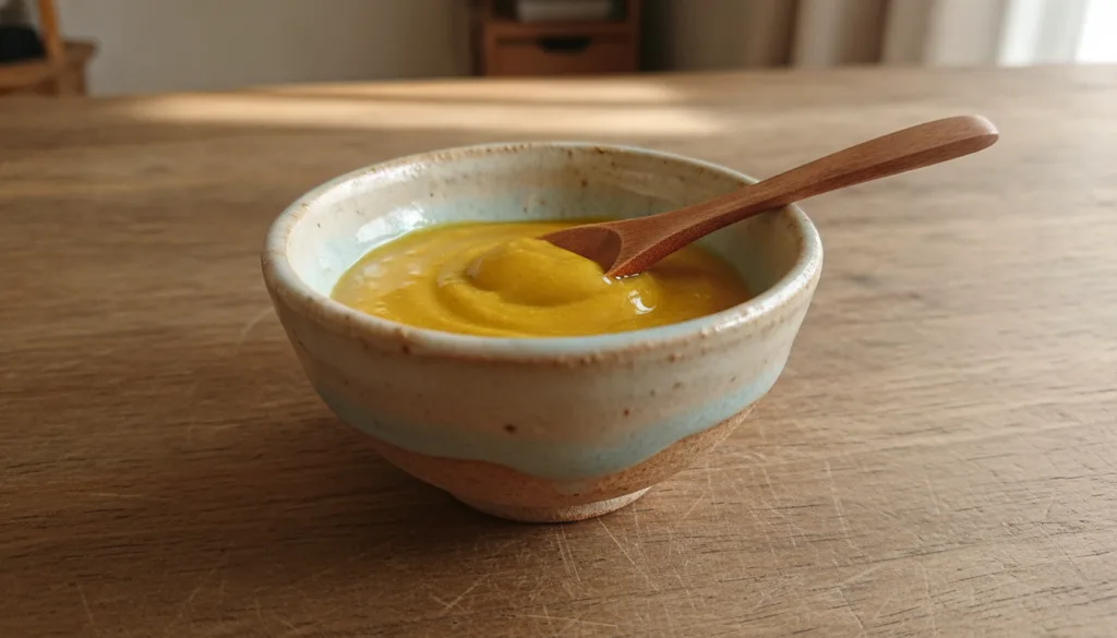 A small bowl containing a golden yellow mixture of Vaseline and turmeric with a small spoon beside it on a natural woode