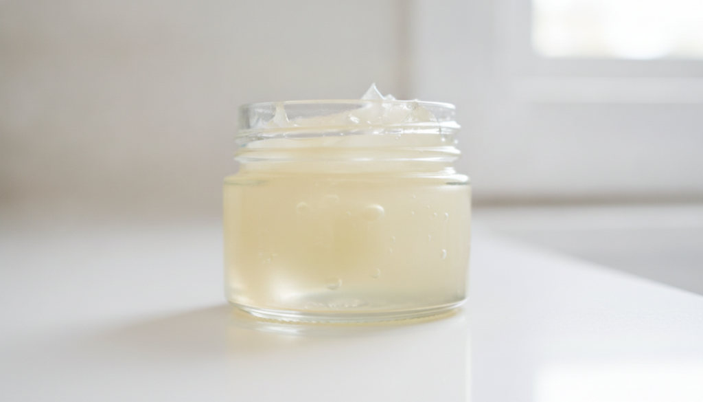A close-up of a small glass jar containing a mixture of Vaseline and baby oil with a subtle radiant sheen on a skincare 