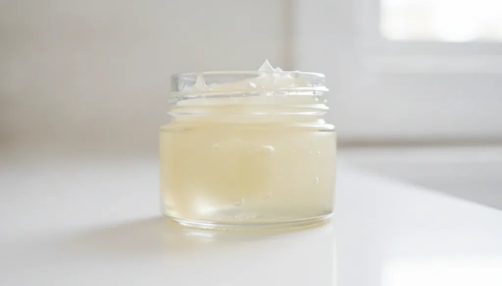 A close-up of a small glass jar containing a mixture of Vaseline and baby oil with a subtle radiant sheen on a skincare 