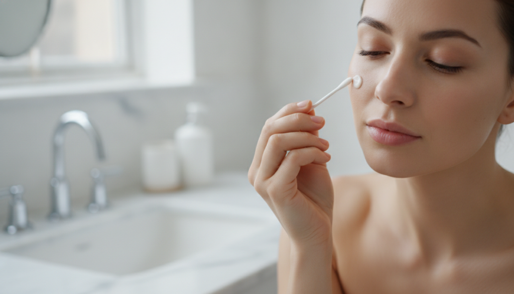 A woman applying the Vaseline and lime mixture to a small dark spot on her cheek gently dabbing with a cotton swab