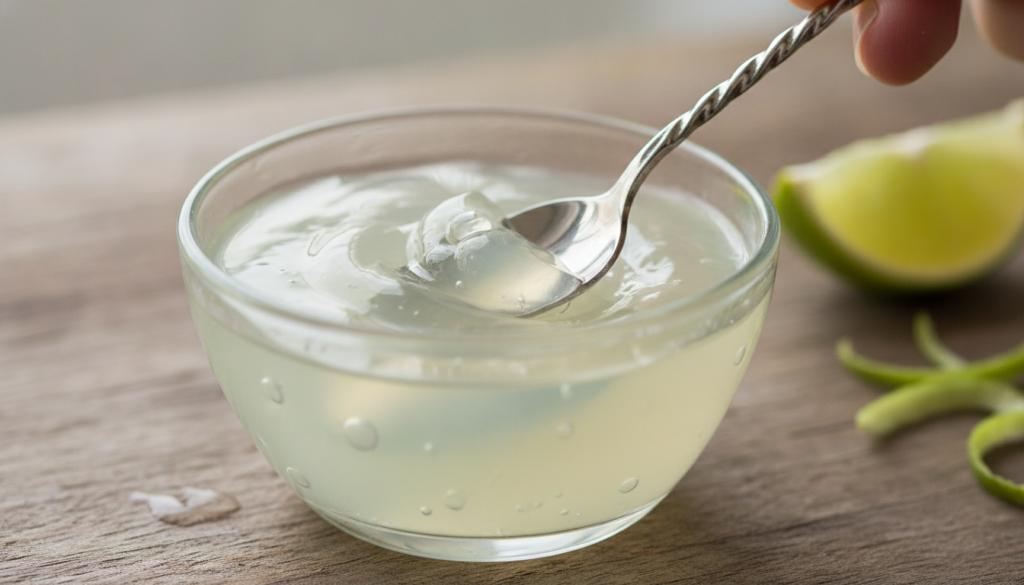 Close-up of a small bowl with Vaseline and lime juice being mixed with a small spoon to form a paste
