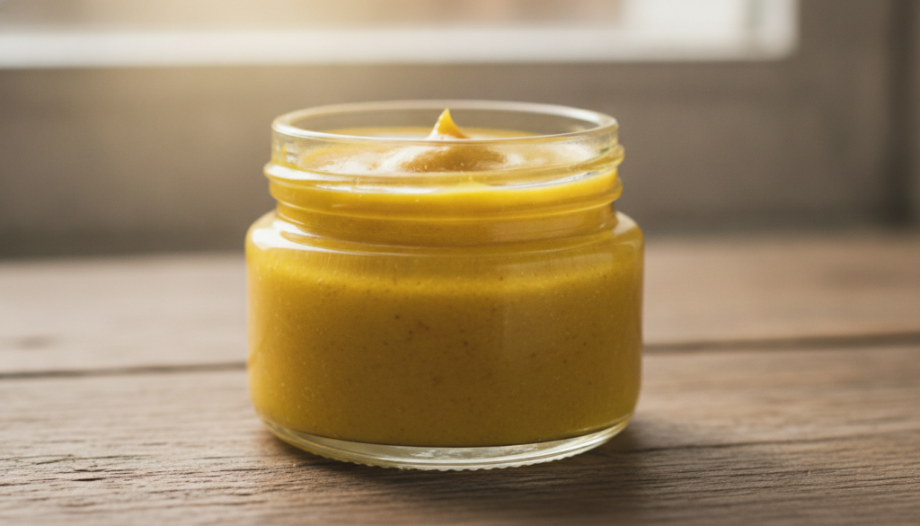 A close-up shot of a small glass jar filled with a homemade Vaseline mixture possibly a turmeric and lemon blend with a 
