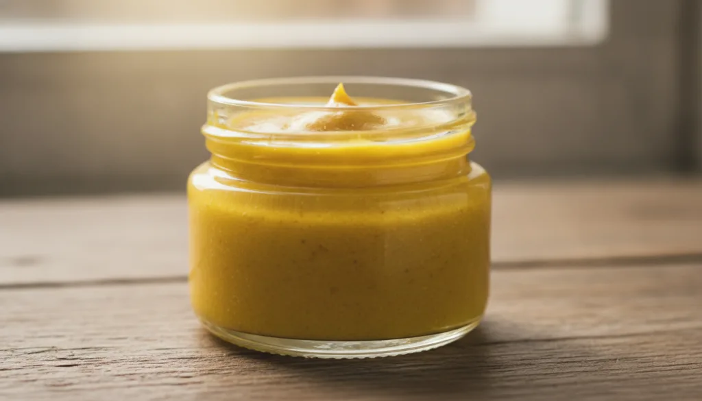 A close-up shot of a small glass jar filled with a homemade Vaseline mixture possibly a turmeric and lemon blend with a 