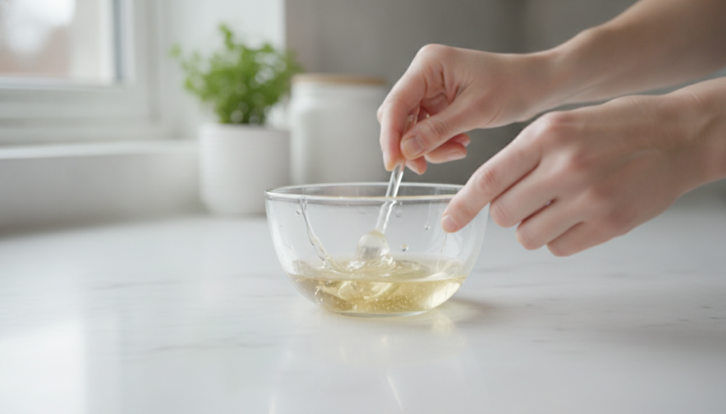 Small heatproof bowl with melted Vaseline and the other ingredients being stirred together before being poured into a ja