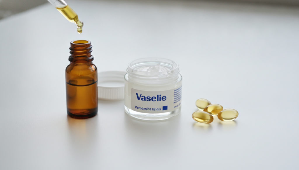 Close-up of the three ingredients Vaseline jar a bottle of sweet almond oil and Vitamin E capsules arranged neatly on a