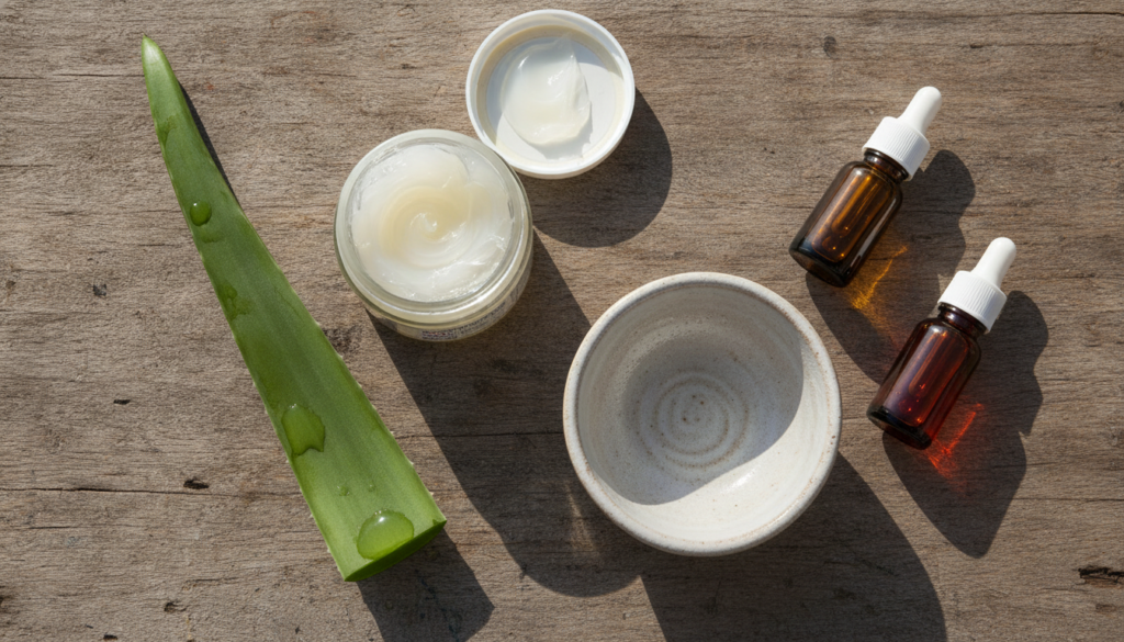 Various natural beauty ingredients like a jar of Vaseline an aloe vera leaf a bottle of vitamin E oil and a small mixing