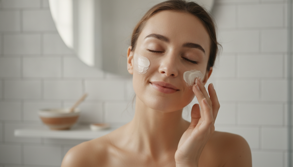 A woman gently applying the homemade Vaseline mix to her cheek with her fingertips her eyes closed in relaxation Her ski