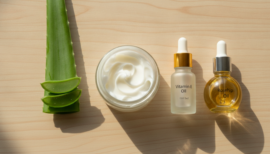 All the ingredients for the Vaseline mix laid out neatly on a wooden surface a jar of Vaseline a leaf of aloe vera a sma