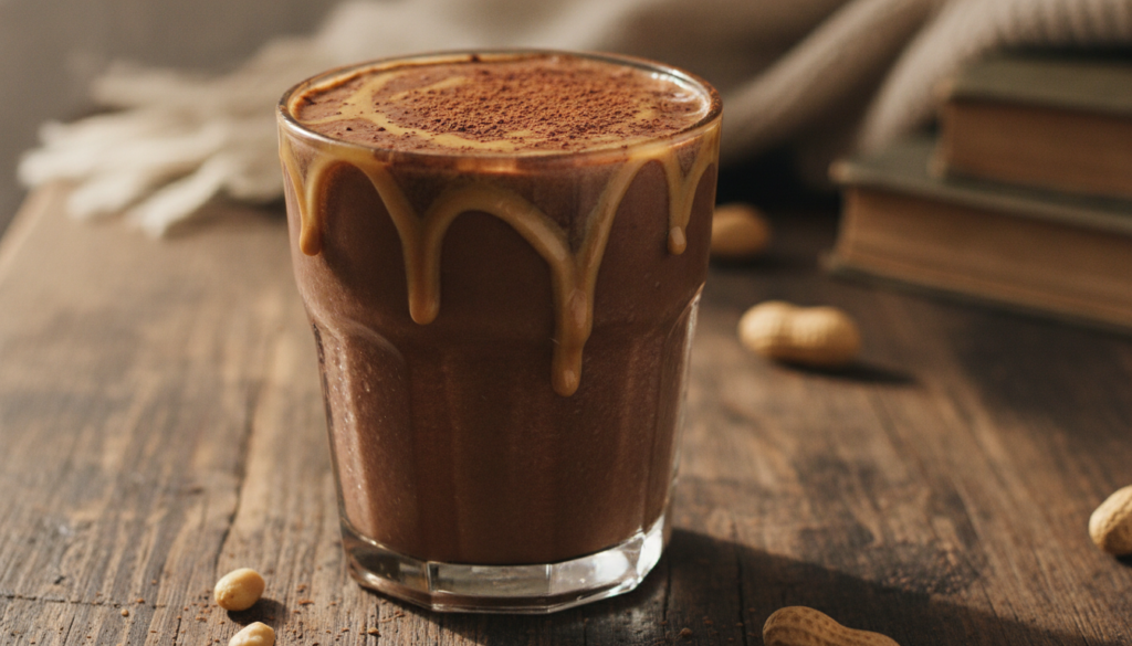 A decadent brown chocolate peanut butter smoothie in a rustic glass drizzled with peanut butter and sprinkled with cocoa