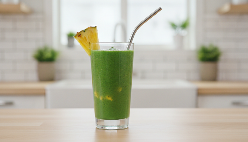A bright green tropical smoothie in a tall glass garnished with a small piece of pineapple and a straw on a light wooden