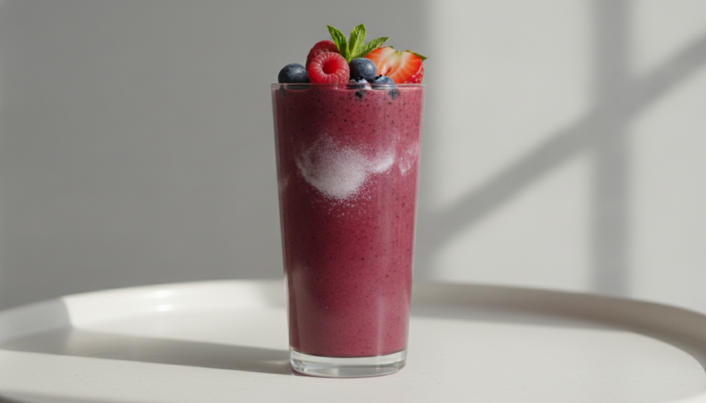 A rich purple mixed berry smoothie in a glass topped with a few fresh berries and a hint of protein powder on a clean ba