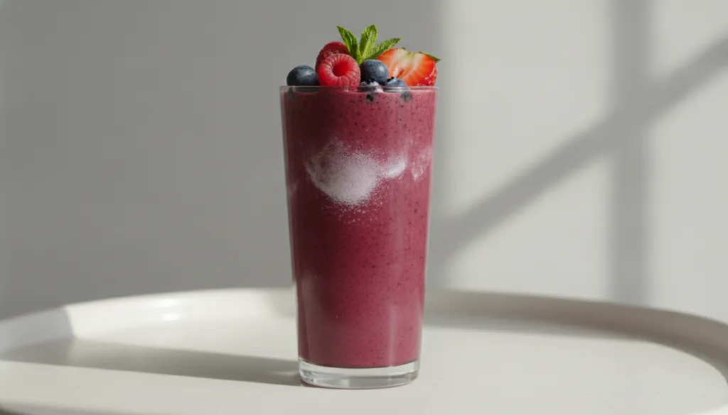 A rich purple mixed berry smoothie in a glass topped with a few fresh berries and a hint of protein powder on a clean ba
