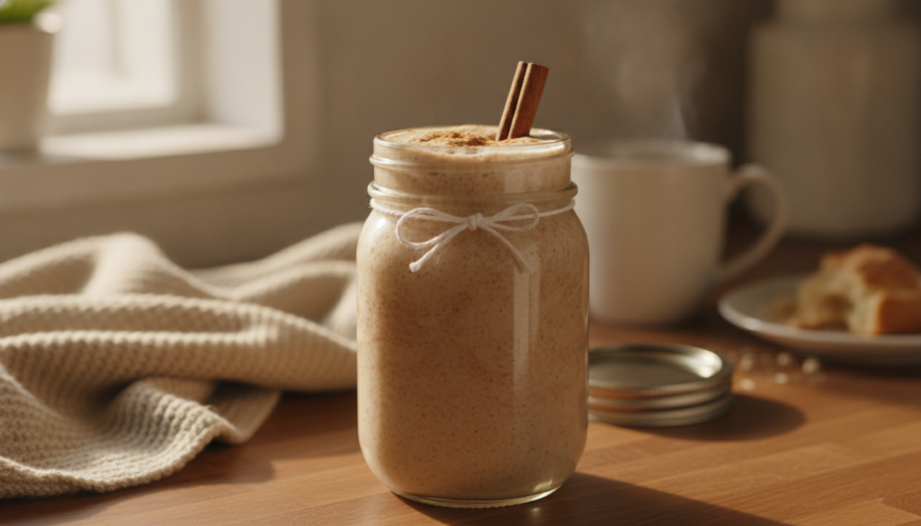 A creamy light brown cinnamon roll flavored oat smoothie in a mason jar garnished with a cinnamon stick on a cozy kitche