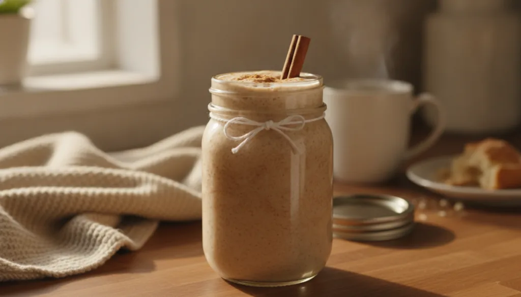 A creamy light brown cinnamon roll flavored oat smoothie in a mason jar garnished with a cinnamon stick on a cozy kitche