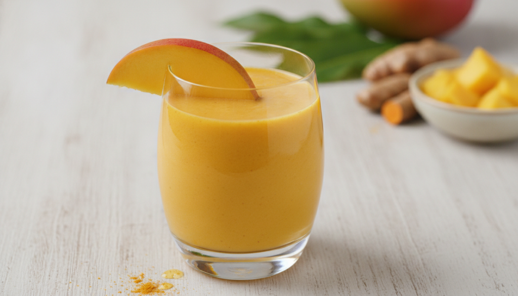A bright golden-orange mango turmeric smoothie in a modern glass garnished with a slice of fresh mango on a light-colore