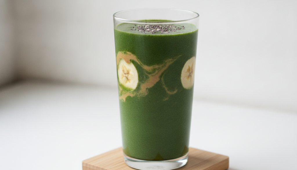 A deep green spinach smoothie with almond butter notes served in a sleek glass possibly with a sprinkle of chia seeds on