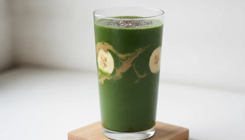A deep green spinach smoothie with almond butter notes served in a sleek glass possibly with a sprinkle of chia seeds on