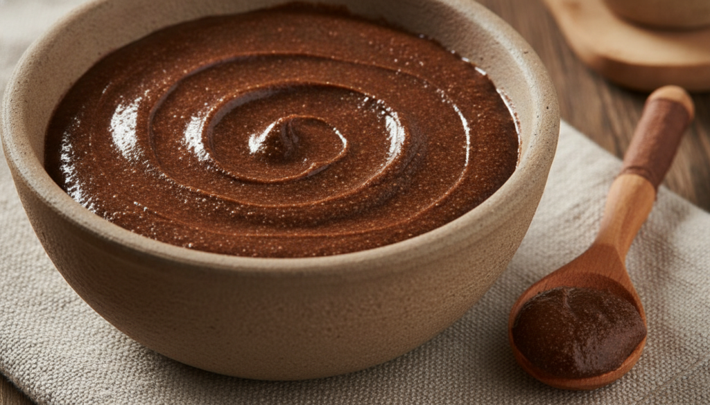 Small glass bowl with a dark brown facial mask made from Vaseline coffee grounds and cocoa powder A textured creamy cons