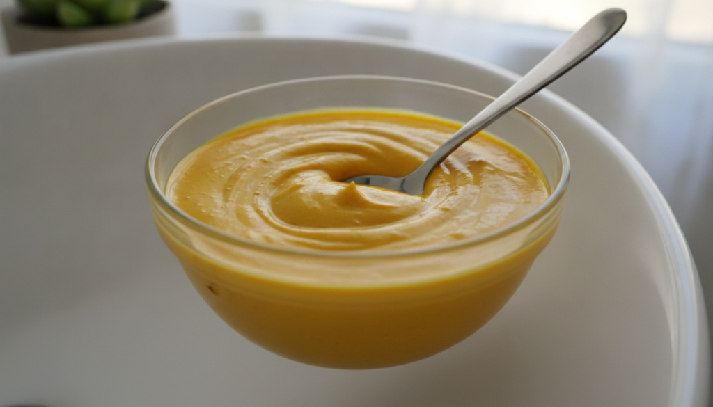 Close-up of a small bowl containing a yellow-orange Vaseline turmeric and honey facial mask A spoon is resting in the bo