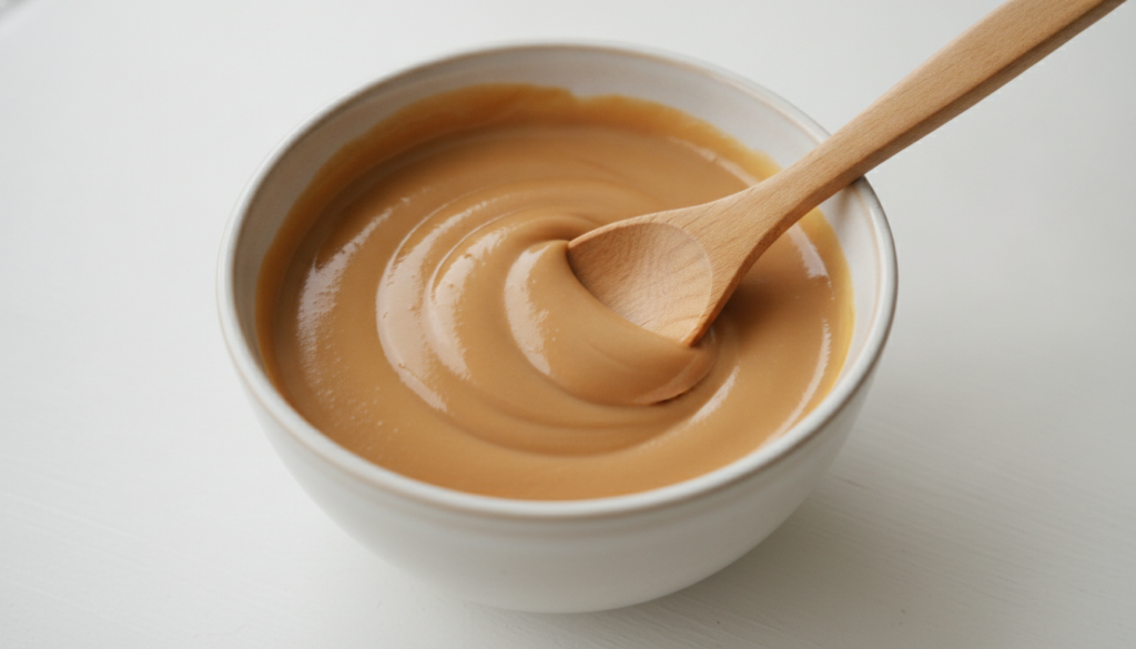 A close-up shot of a small bowl containing a creamy light-brown paste with a wooden spoon mixing it The texture should l