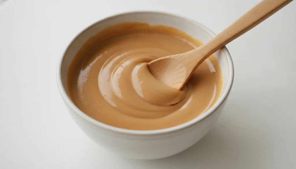 A close-up shot of a small bowl containing a creamy light-brown paste with a wooden spoon mixing it The texture should l