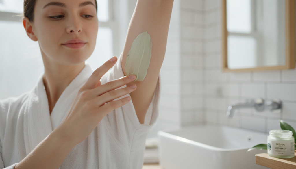 A woman gently applying a thin layer of the natural mask to her underarm with her fingertips showing the smooth texture 