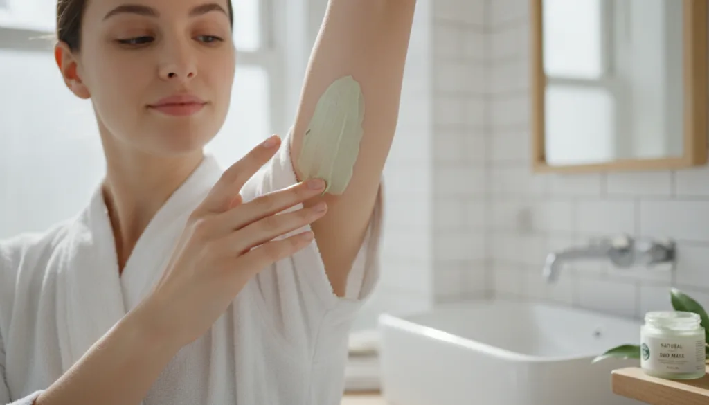 A woman gently applying a thin layer of the natural mask to her underarm with her fingertips showing the smooth texture