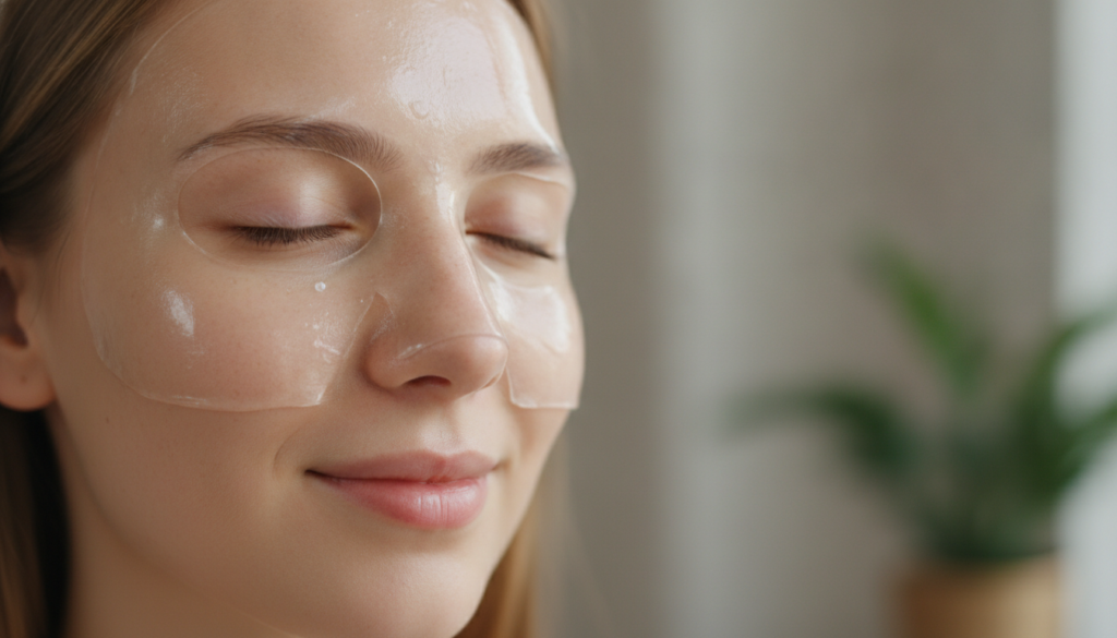 A close-up shot of a woman s face after applying a light mask showing a soft dewy glow on her skin Her expression is rel