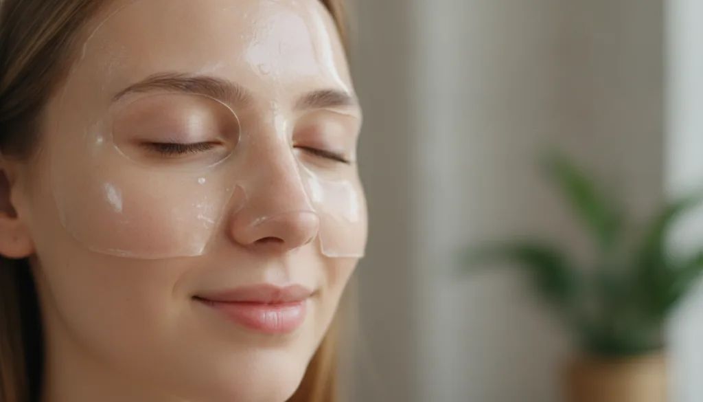 A close-up shot of a woman s face after applying a light mask showing a soft dewy glow on her skin Her expression is rel