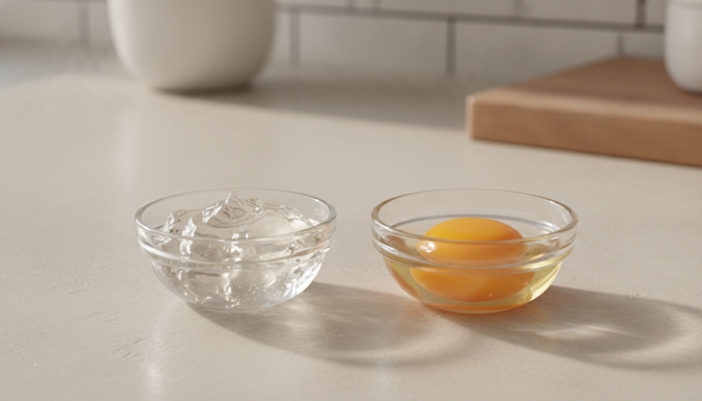 A small clean glass bowl containing a blob of Vaseline petroleum jelly with a separated egg yolk in another small bowl n
