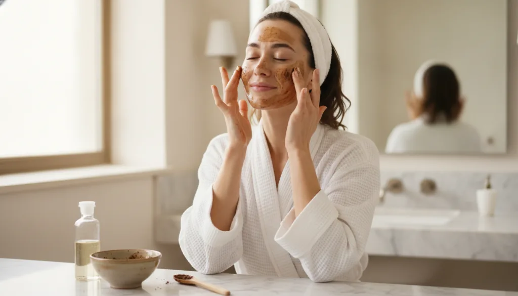 A woman gently massaging a coffee and baby oil mixture onto her clean face showing a relaxed and happy expression