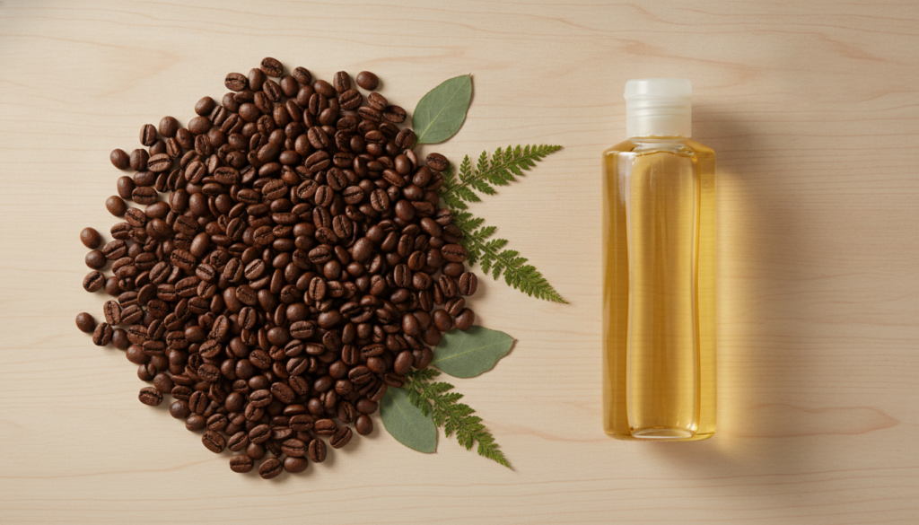 A close-up of freshly brewed coffee beans and a bottle of baby oil on a clean light surface emphasizing their natural or