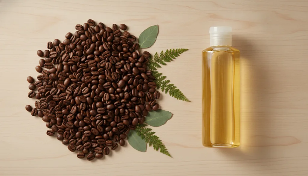 A close-up of freshly brewed coffee beans and a bottle of baby oil on a clean light surface emphasizing their natural or