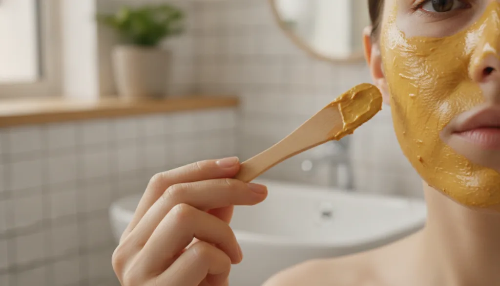 A person gently applying a homemade face mask to their clean radiant skin with a small bowl of the mask mixture visible 