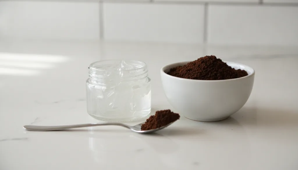 Ingredients for coffee vaseline balm laid out on a clean surface an open jar of Vaseline a small bowl of finely ground c