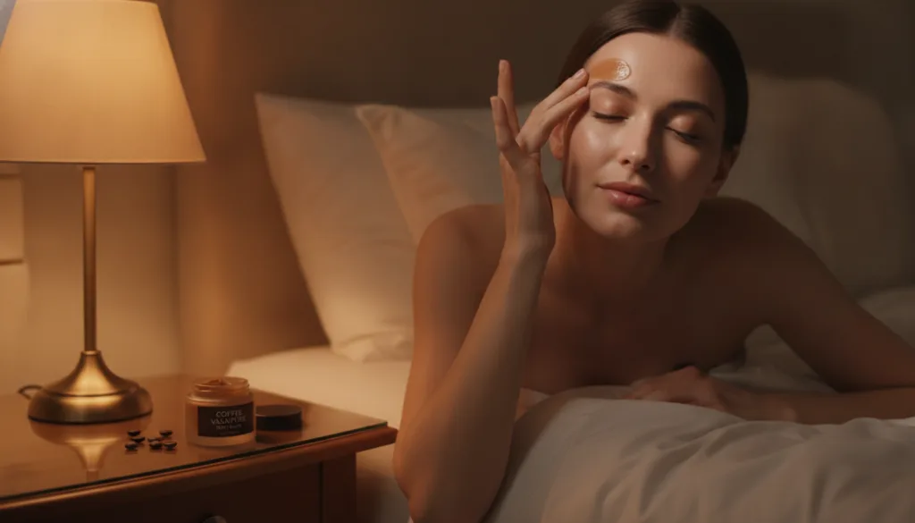 A woman gently massaging the coffee vaseline night balm onto her face at night with a soft glowing complexion in a cozy 