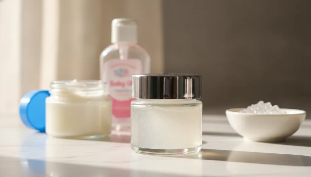 A smooth creamy homemade night gel in a small glass jar ready for use Ingredients are neatly arranged around it in the b