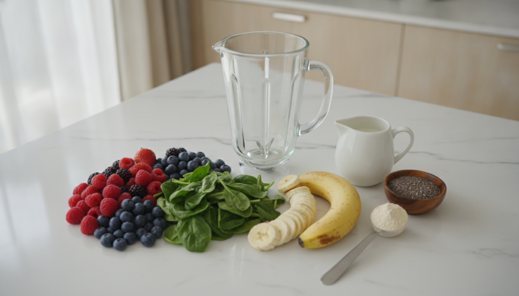 Various colorful smoothie ingredients laid out on a kitchen counter fresh berries spinach bananas plant milk chia seeds