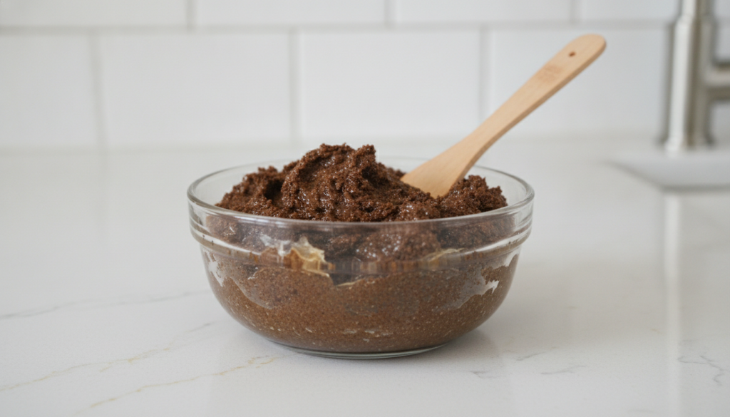 A small glass bowl containing a mixture of coffee grounds and Vaseline ready to be applied as a face mask The mixture is