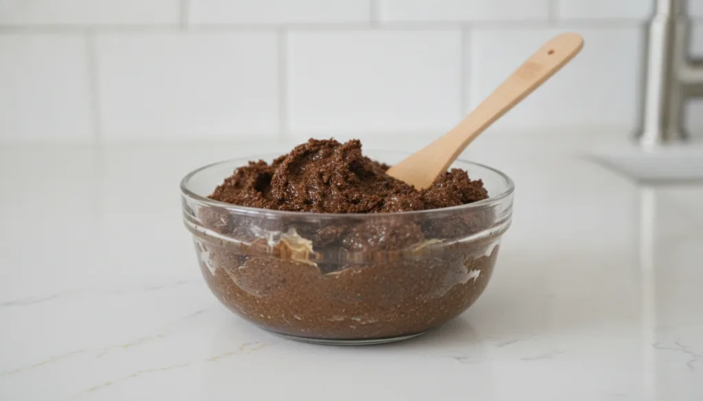A small glass bowl containing a mixture of coffee grounds and Vaseline ready to be applied as a face mask The mixture is