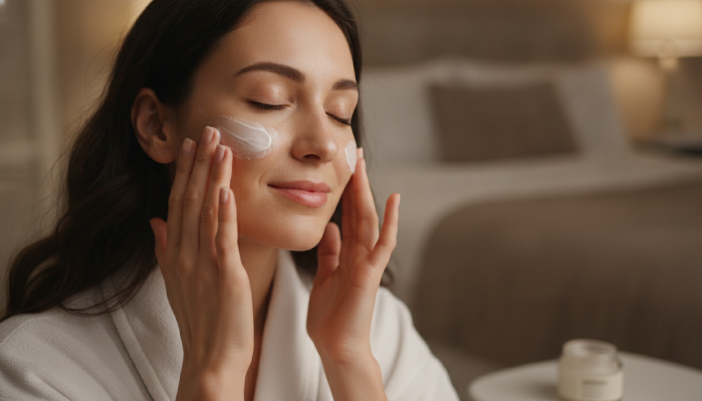A woman gently massaging a homemade facial cream onto her face at night with a soft warm glow in the background