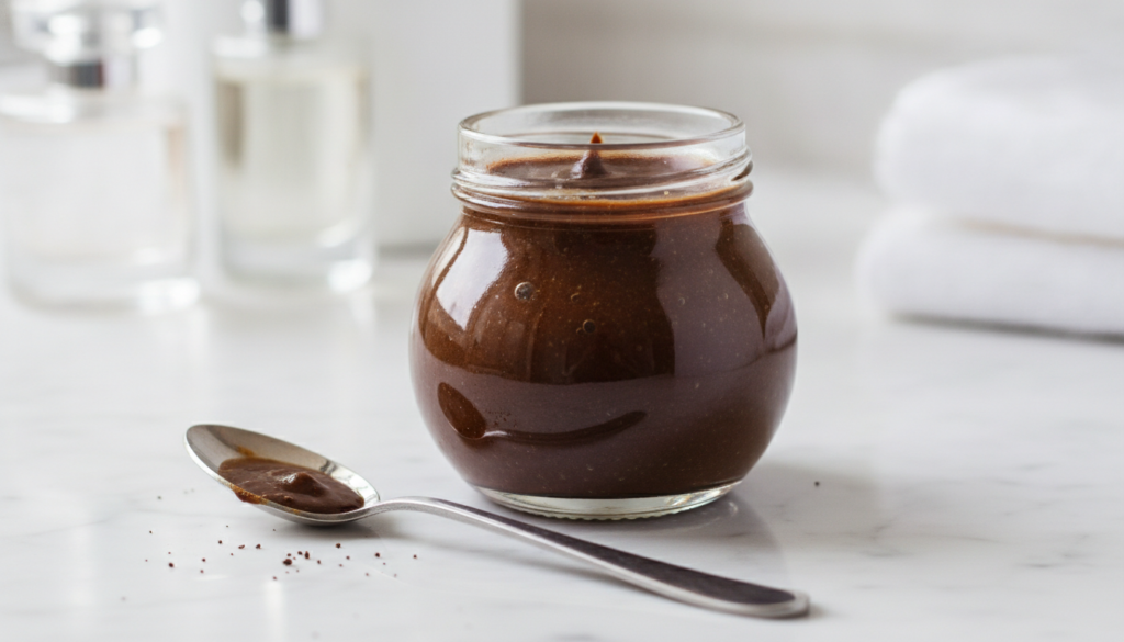 A small clear glass jar filled with the prepared coffee and baby oil mixture alongside a spoon and a fresh coffee bean o