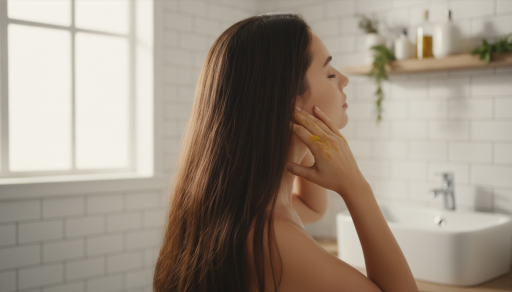 A woman gently massaging herbal hair oil into her scalp with her fingertips showing the application process