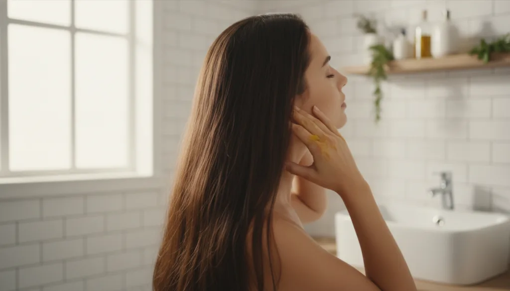 A woman gently massaging herbal hair oil into her scalp with her fingertips showing the application process